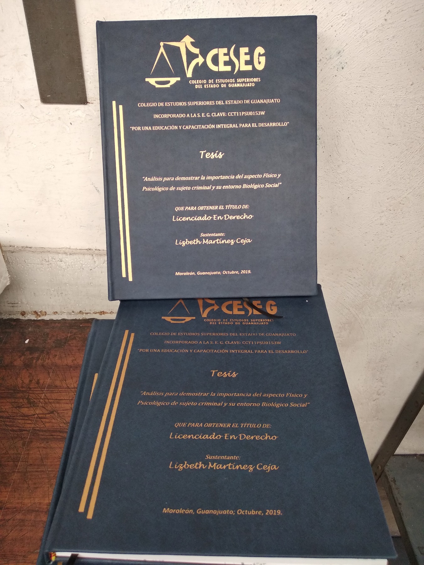 Tesis de derecho empastadas en azul marino con letras doradas